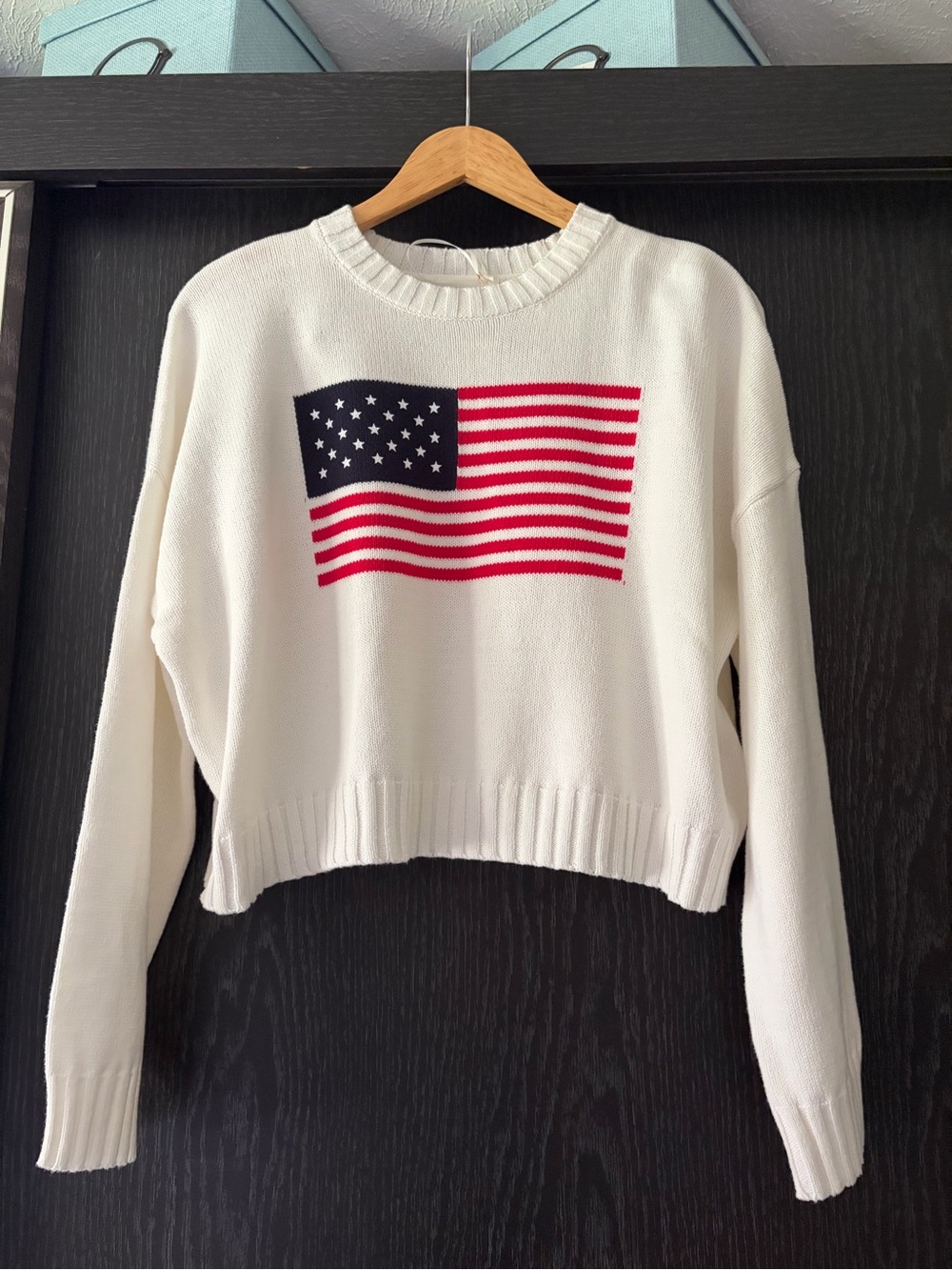 American flag moon & madison White Crewneck Sweater with Red & Navy Flag